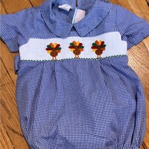 Blue Gingham Turkey Embroidered Bodysuit